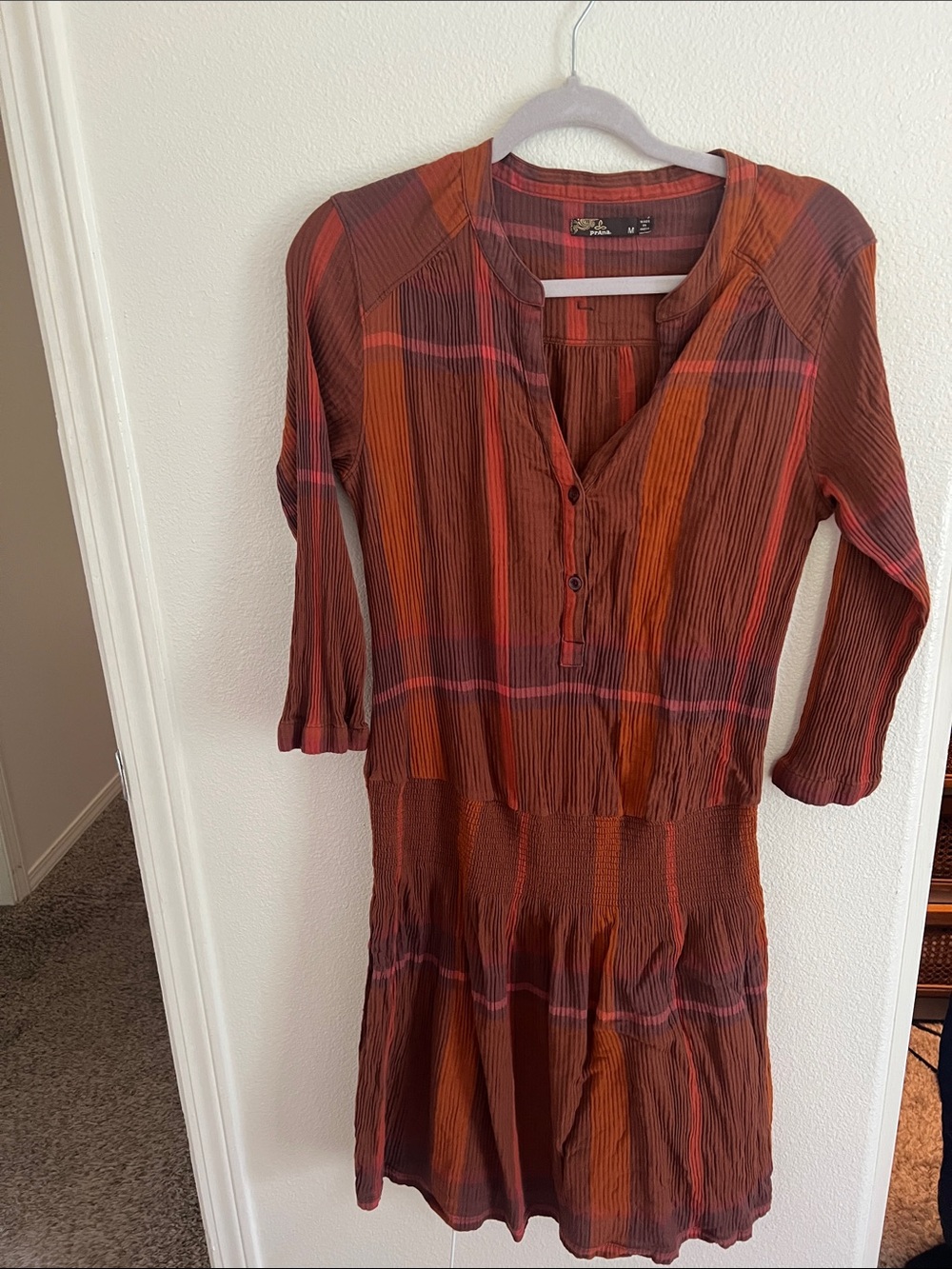 Prana Rust and Pink Long-Sleeve Button V-Neck Dress